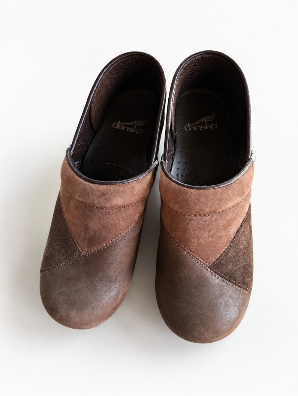 Dansko Two-Tone Brown Leather Suede Clogs